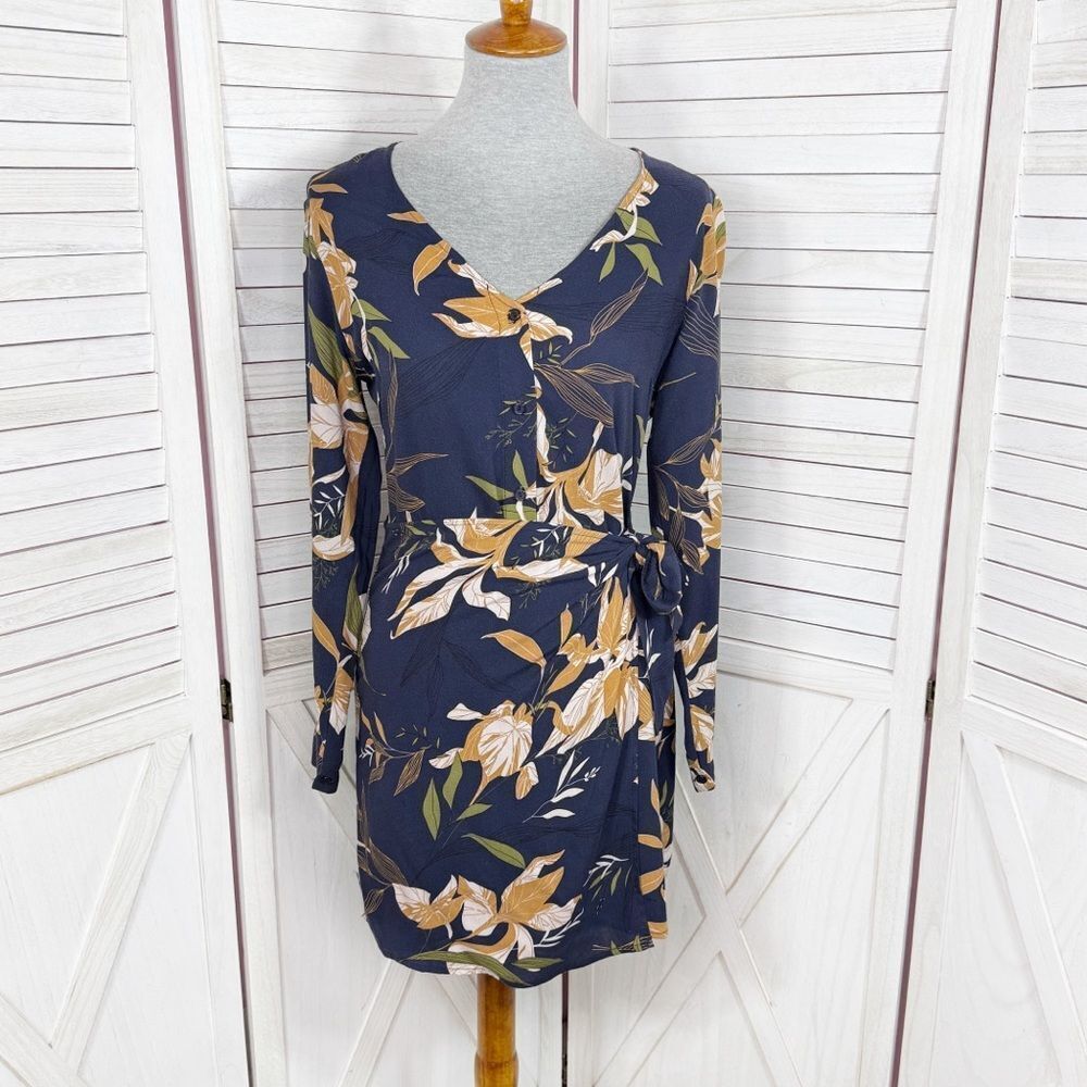 All In Favor Floral Faux Wrap Shirt Sheath Dress Navy Blue Yellow Small